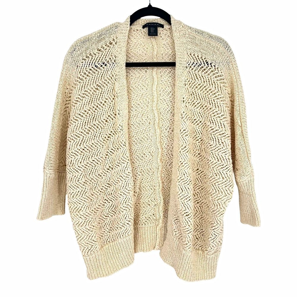Tahari Women's M Beige Open Front Open-Knit Cardigan Sweater 3/4 Sleeve Cotton